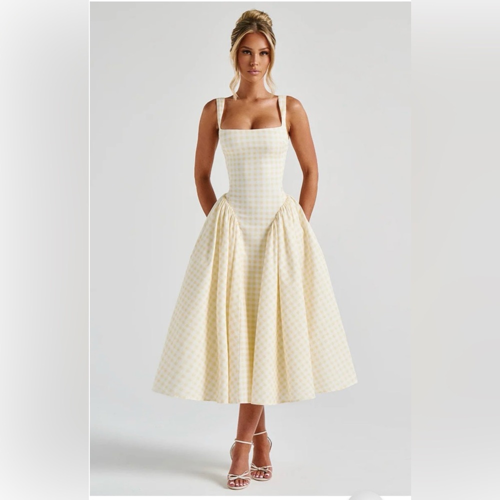 SOLD Sherrie Square Neck Lemon Gingham Midi Dress